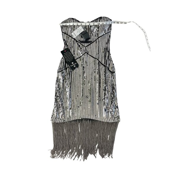 Bebe Uptown Strapless Sequin Fringe Dress Silver Gunmetal Cocktail S NWT $206 - Picture 7 of 15